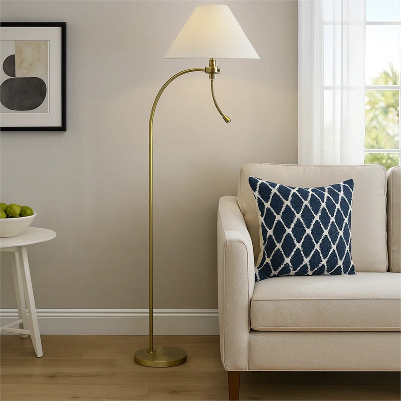 Ashy 68 Inch Task Floor Lamp- Gooseneck LED- White Shade Gold Arc Pole