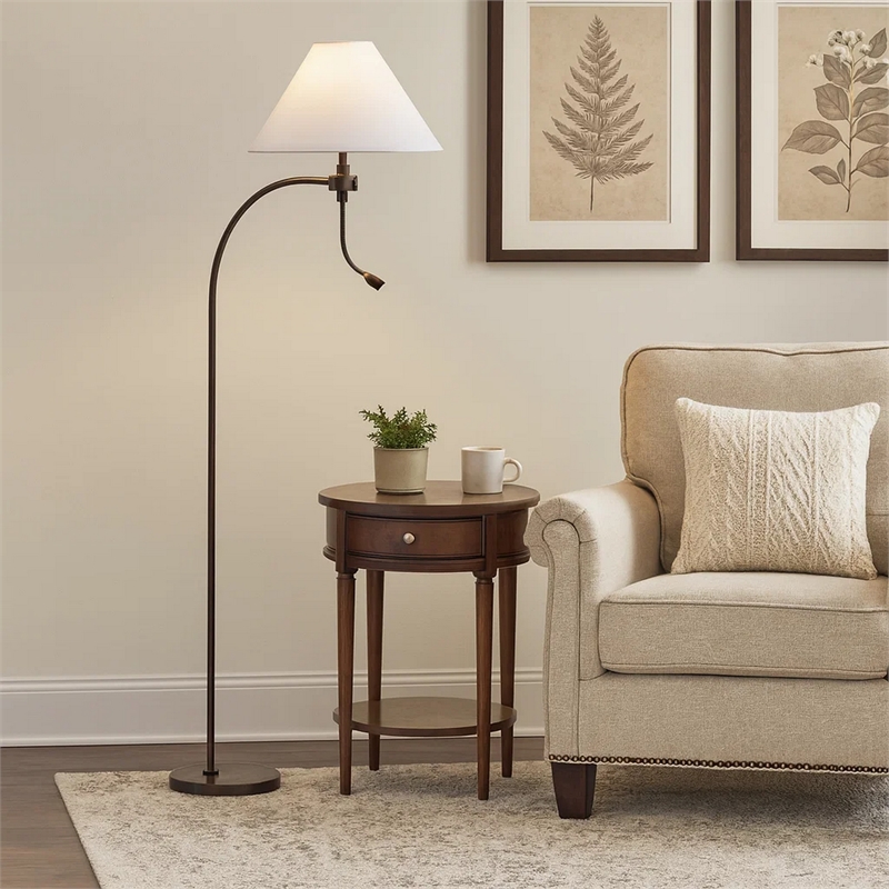 Ashy 68 Inch Floor Lamp- Gooseneck LED- White Shade- Bronze Arc Pole