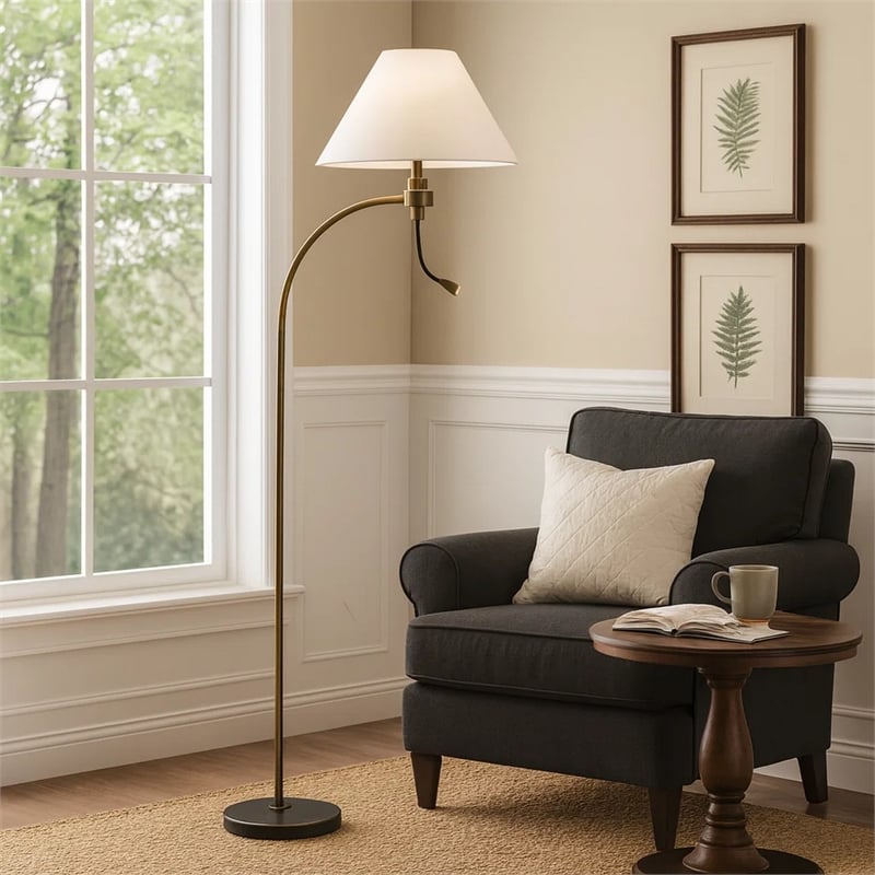 Ashy 68 Inch Floor Lamp- Gooseneck LED- White Shade- Brass Arc Pole