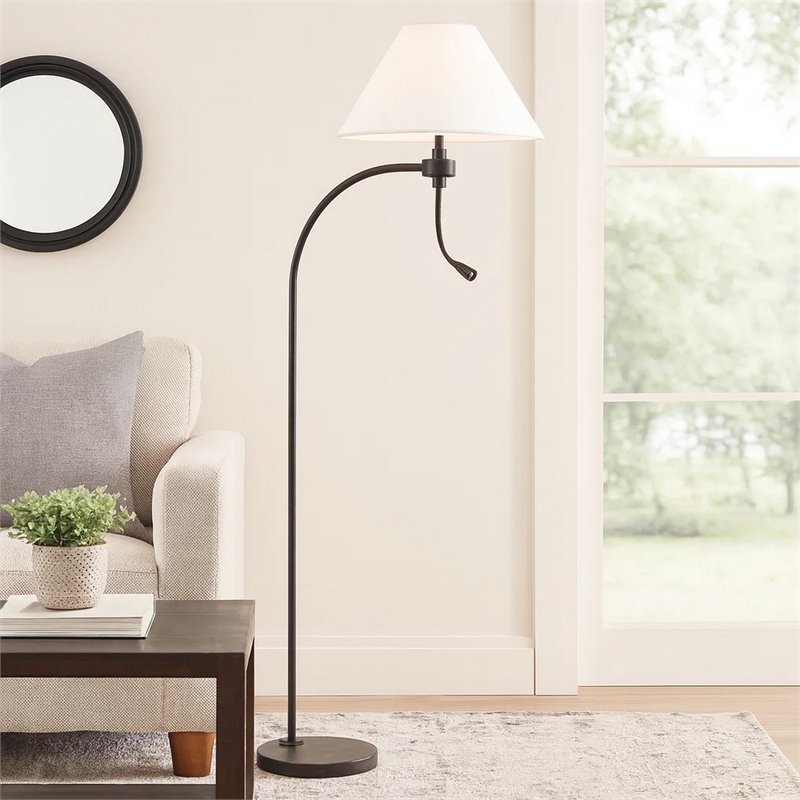 Ashy 68 Inch Floor Lamp- Gooseneck LED- White Shade- Black Arc Pole