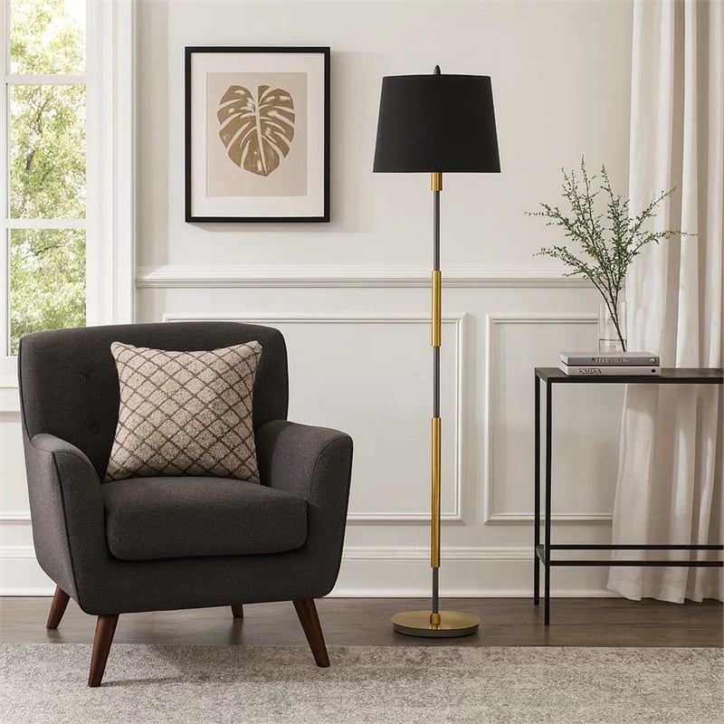 Siu 60 Inch Floor Lamp- Gold Metal Pole w Finial Tip- Black Shade