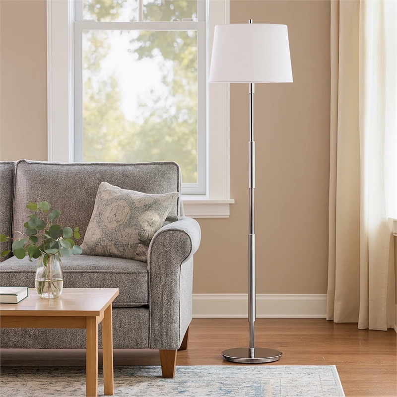 Siu 60 Inch Floor Lamp- Chrome Metal Pole w Finial Tip- White Shade