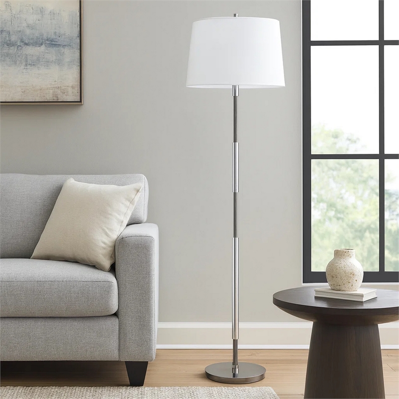 Siu 60 Inch Floor Lamp- Chrome Metal Pole w Finial Tip- White Shade
