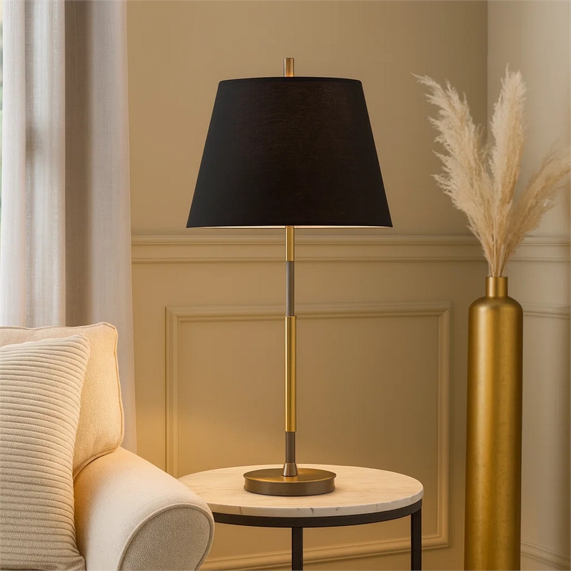Siu 30 Inch Table Lamp- Gold Metal Thin Pole w Finial- Black Shade