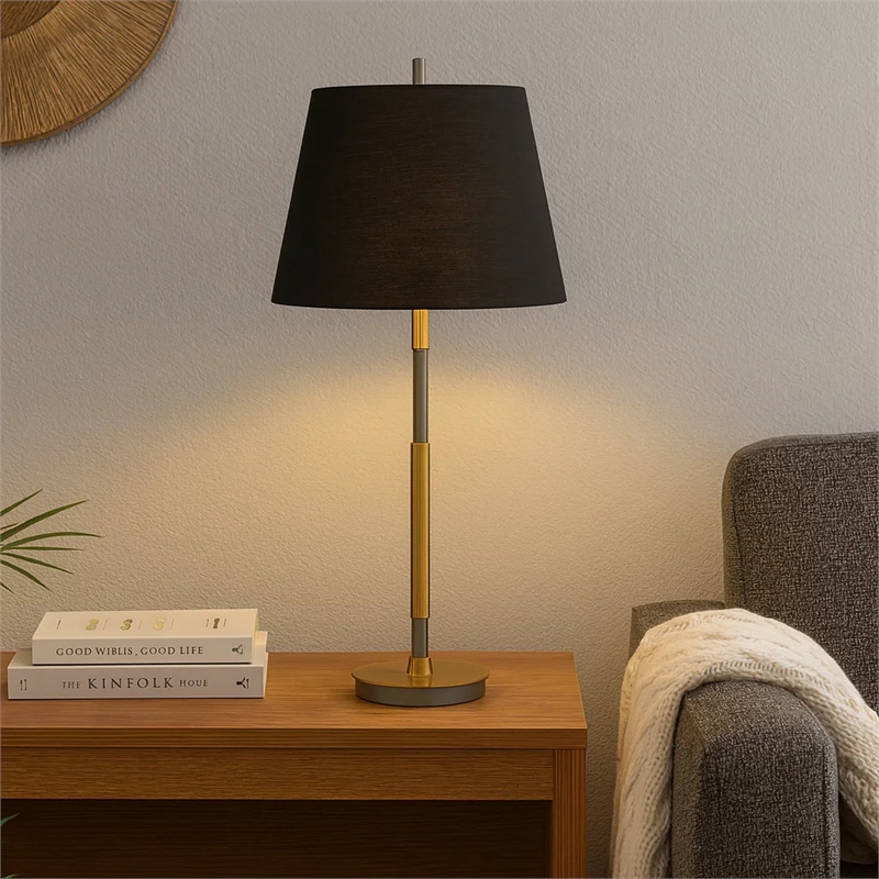Siu 30 Inch Table Lamp- Gold Metal Thin Pole w Finial- Black Shade