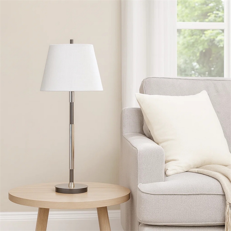 Siu 30 Inch Table Lamp- Chrome Metal Thin Pole w Finial- White Shade