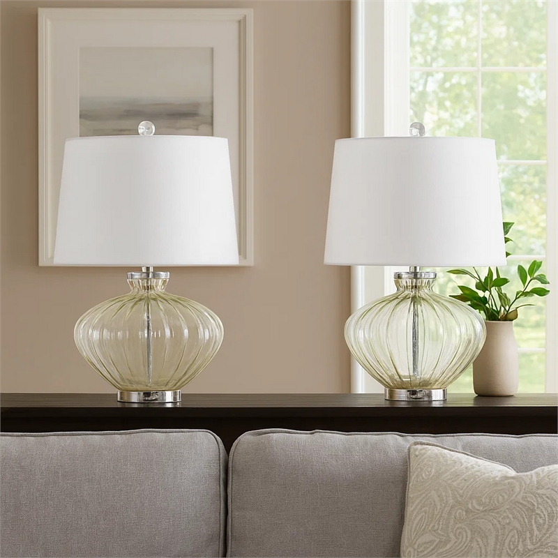 23 Inch Table Lamp Set of 2- Round Crystal Base- White Fabric Shade