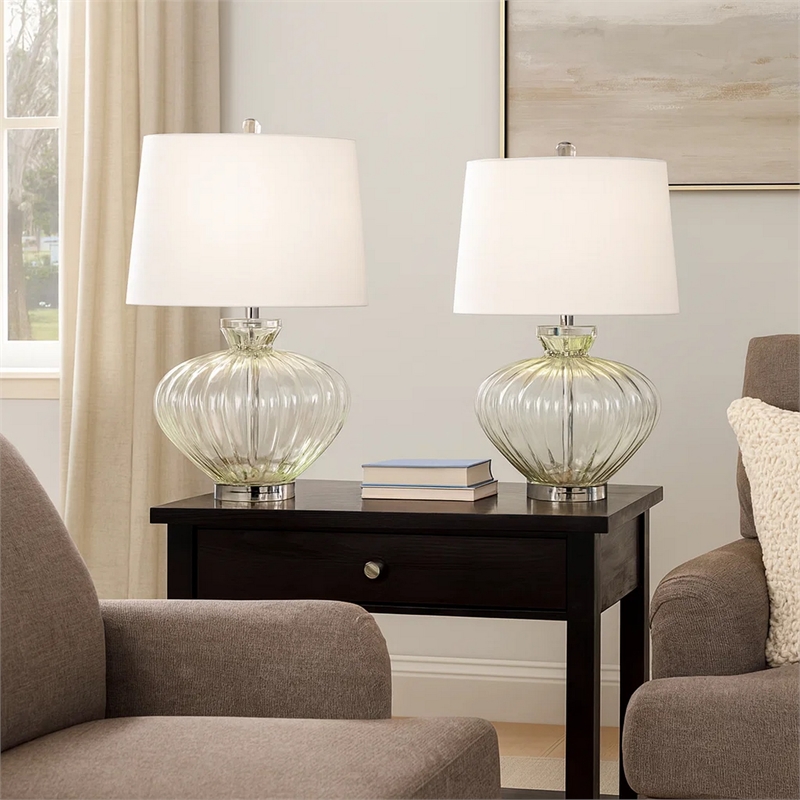 23 Inch Table Lamp Set of 2- Round Crystal Base- White Fabric Shade