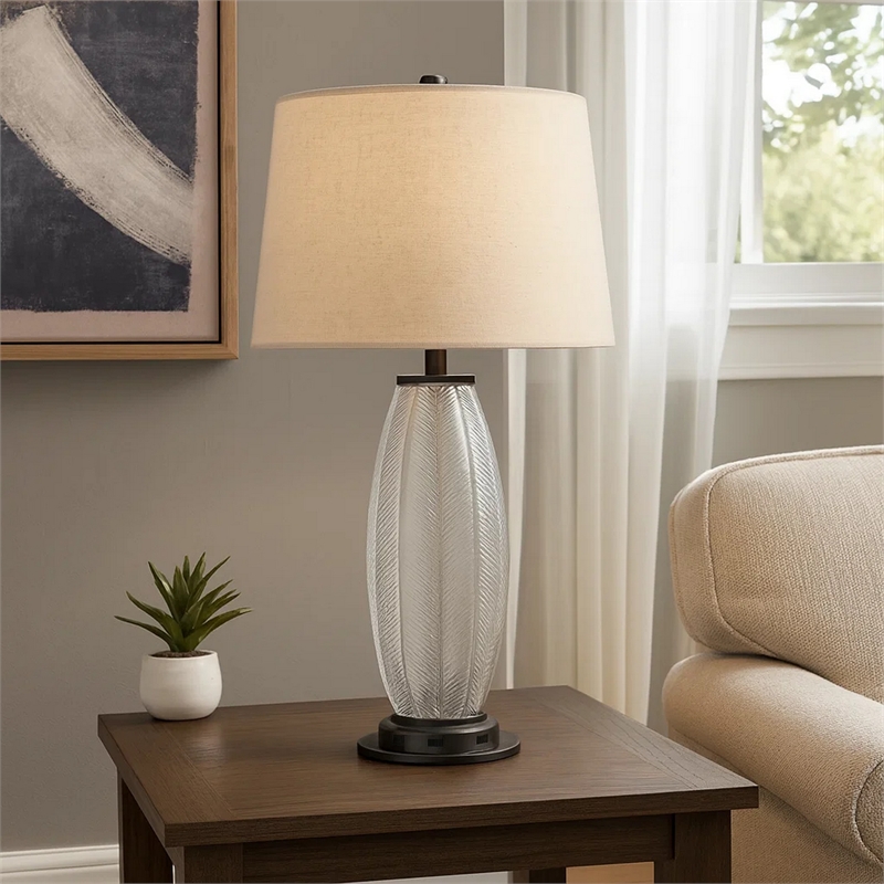 Leno 32 Inch Table Lamp- Leaf Pattern Clear Glass Base- Beige Shade