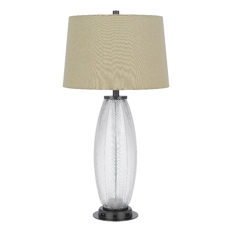Leno 32 Inch Table Lamp- Leaf Pattern Clear Glass Base- Beige Shade