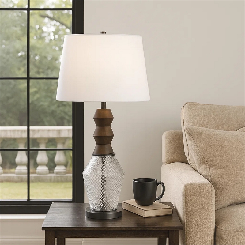 Hay 33 Inch Table Lamp- Diamond Pattern Glass Base- White Fabric Shade