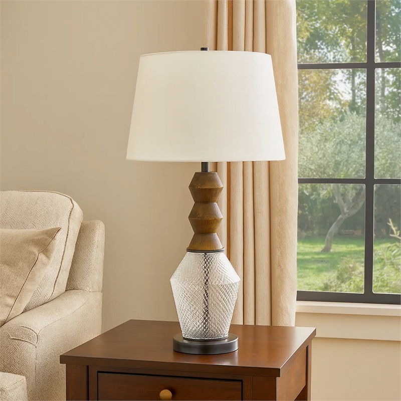 Hay 33 Inch Table Lamp- Diamond Pattern Glass Base- White Fabric Shade
