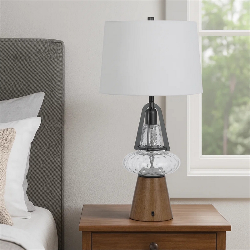Leya 30 Inch Table Lamp- Lantern Style Glass Base- White Fabric Shade