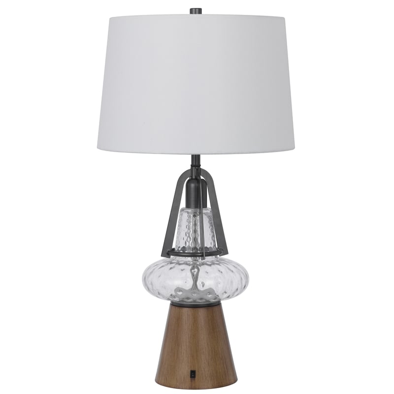 Leya 30 Inch Table Lamp- Lantern Style Glass Base- White Fabric Shade