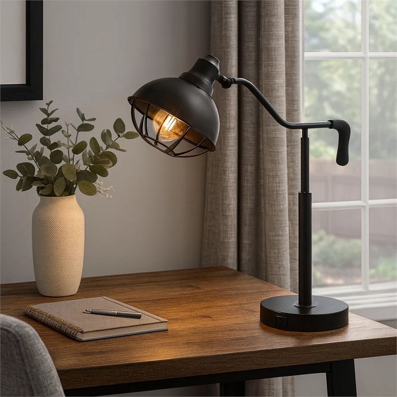 Loga 27 Inch Desk Lamp w Adjustable Cage Style Shade- Black Iron