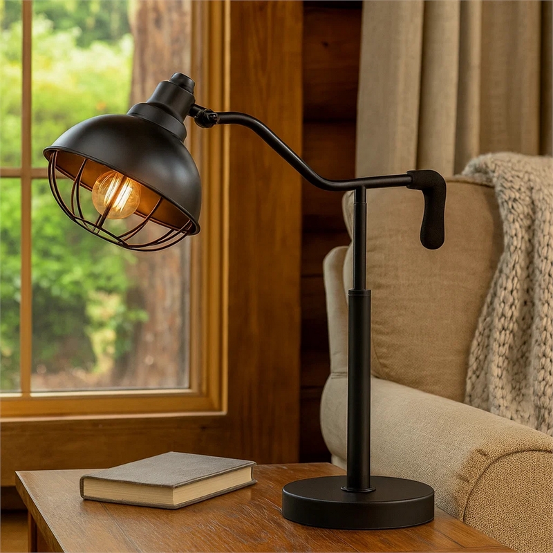 Loga 27 Inch Desk Lamp w Adjustable Cage Style Shade- Black Iron