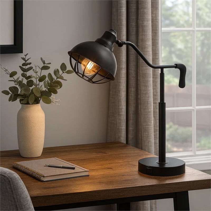 Loga 27 Inch Desk Lamp w Adjustable Cage Style Shade- Black Iron