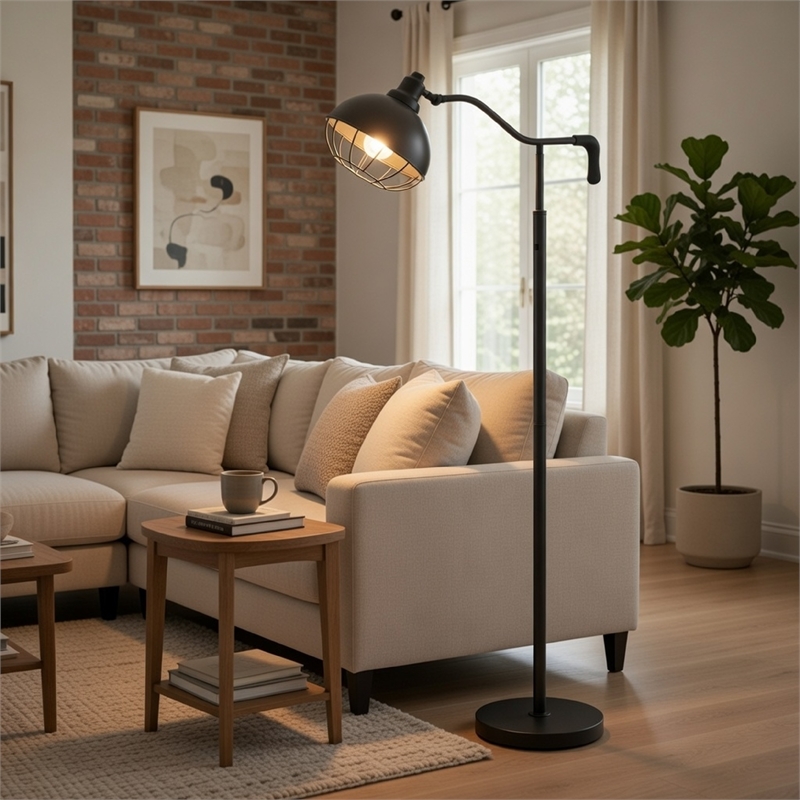 Loga 56 Inch Floor Lamp with Adjustable Cage Style Shade- Black Iron