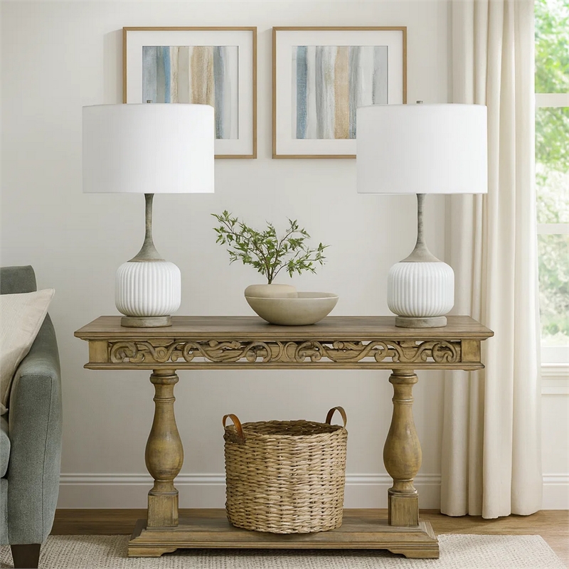 Myra Table Lamp Set of 2- Fluted Accent Glass Base- White Fabric Shade