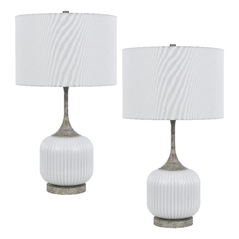 Myra Table Lamp Set of 2- Fluted Accent Glass Base- White Fabric Shade
