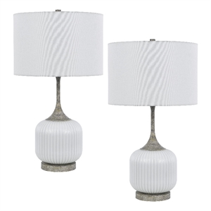 Myra Table Lamp Set of 2- Fluted Accent Glass Base- White Fabric Shade
