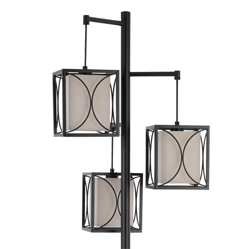 Lany 73 Inch Floor Lamp- 3 Hanging Lantern Style Shades- Black Iron