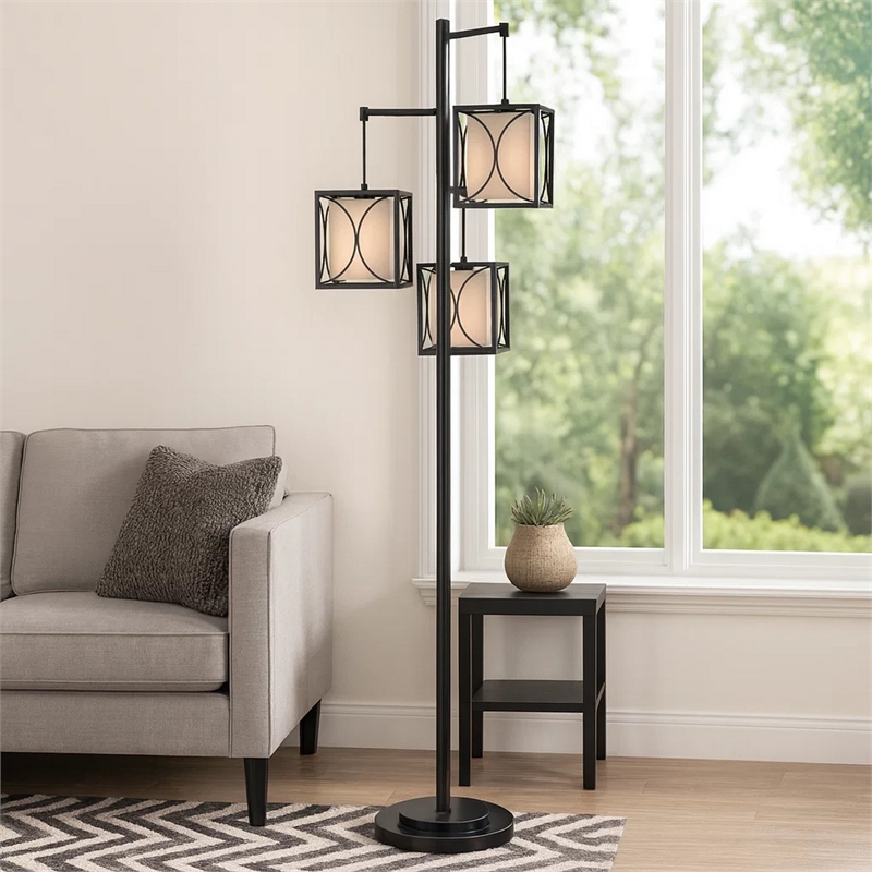 Lany 73 Inch Floor Lamp- 3 Hanging Lantern Style Shades- Black Iron