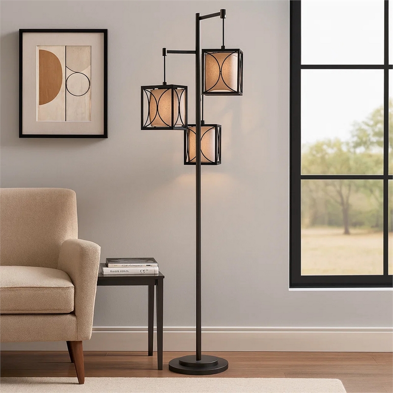 Lany 73 Inch Floor Lamp- 3 Hanging Lantern Style Shades- Black Iron
