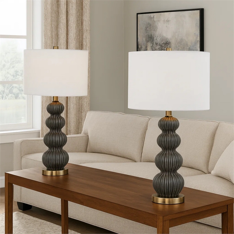 Lomy 26 Inch Table Lamp Set of 2- Stacked Ball Gray Black- White Shade
