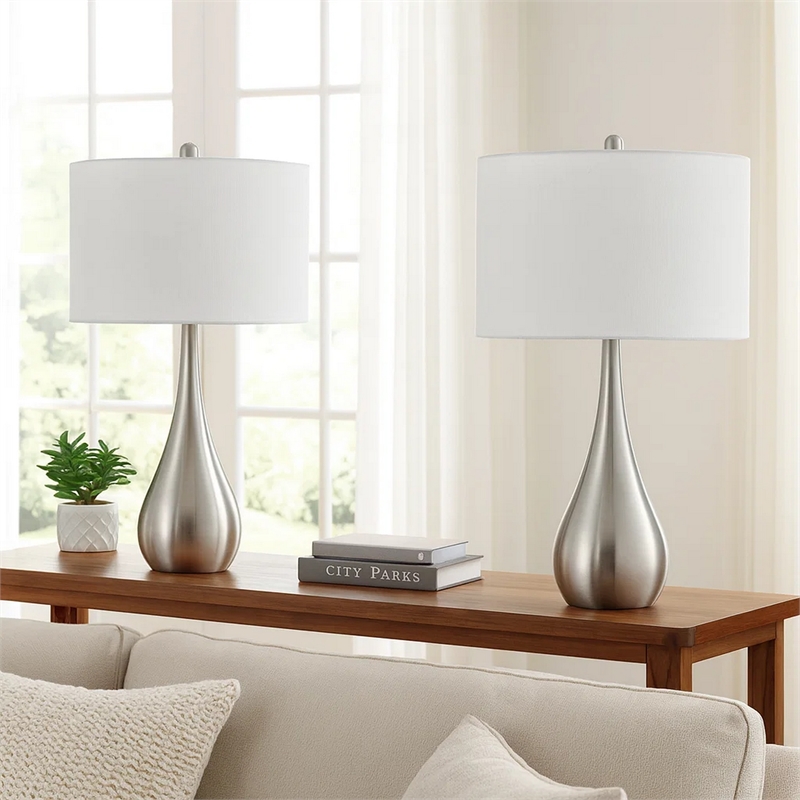 Ege Table Lamp Set of 2- Teardrop Brushed Steel Base- White Shade