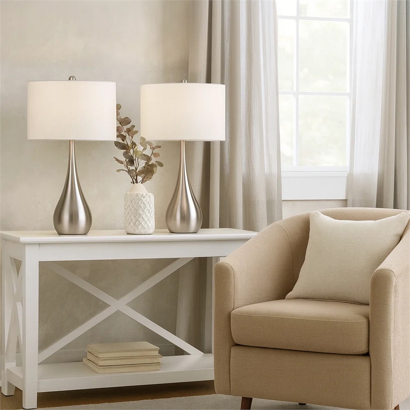 Ege Table Lamp Set of 2- Teardrop Brushed Steel Base- White Shade
