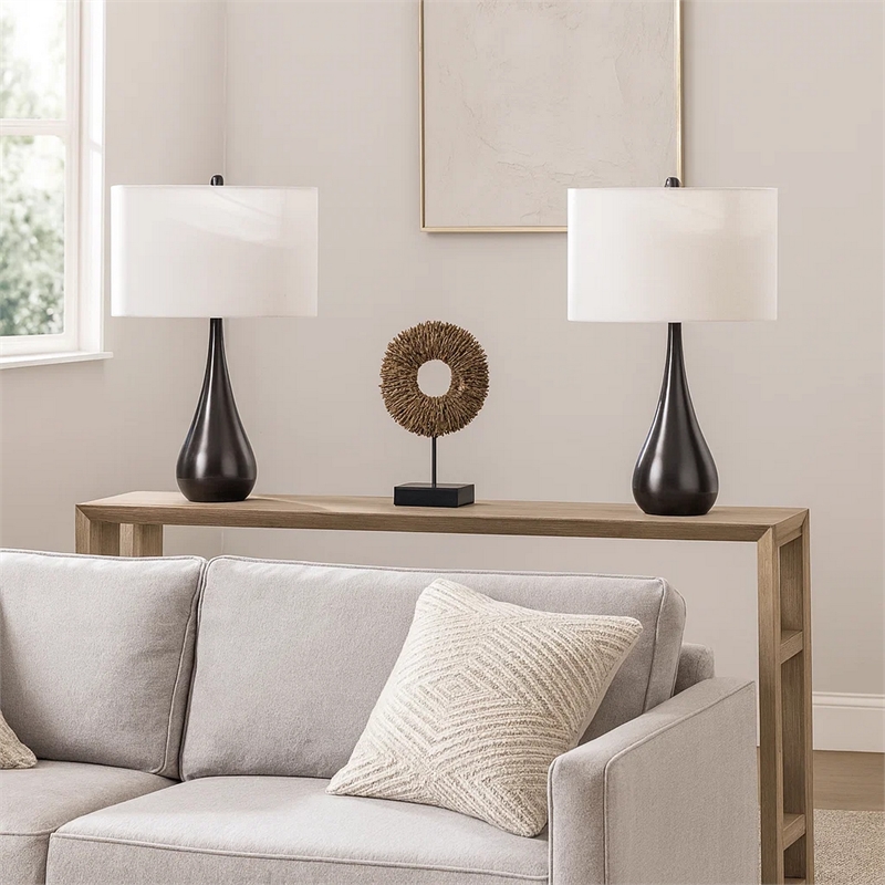 Ege Table Lamp Set of 2- Teardrop Bronze Metal Base- White Shade