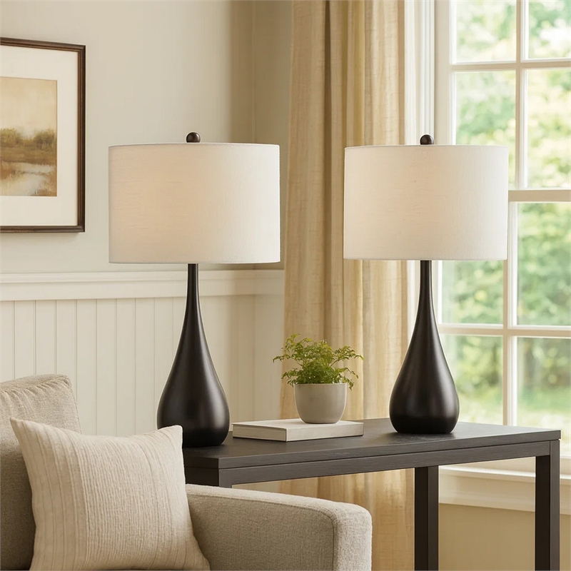 Ege Table Lamp Set of 2- Teardrop Bronze Metal Base- White Shade