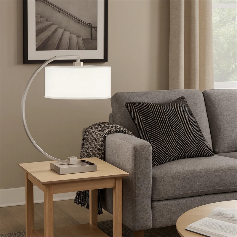 Fory Table Lamp- 2 Outlets- 1 USB Port- Curved Chrome Steel 26 Inch
