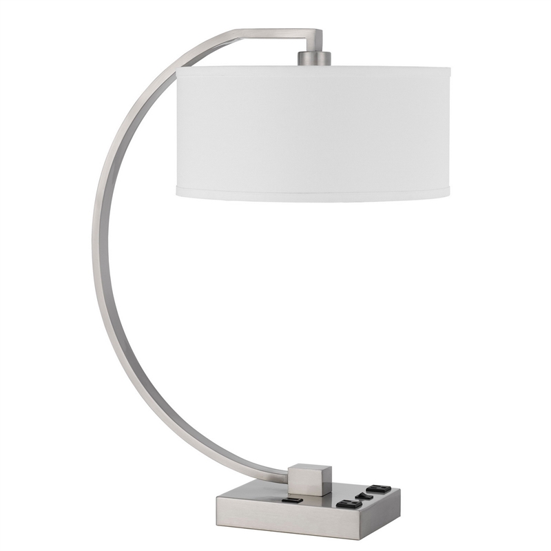 Fory Table Lamp- 2 Outlets- 1 USB Port- Curved Chrome Steel 26 Inch