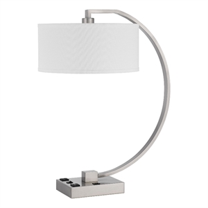 Fory Table Lamp- 2 Outlets- 1 USB Port- Curved Chrome Steel 26 Inch