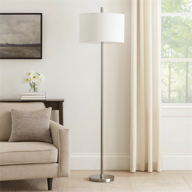 Ano Floor Lamp- Slim Frame- White Drum Shade- Chrome Metal 67 Inch