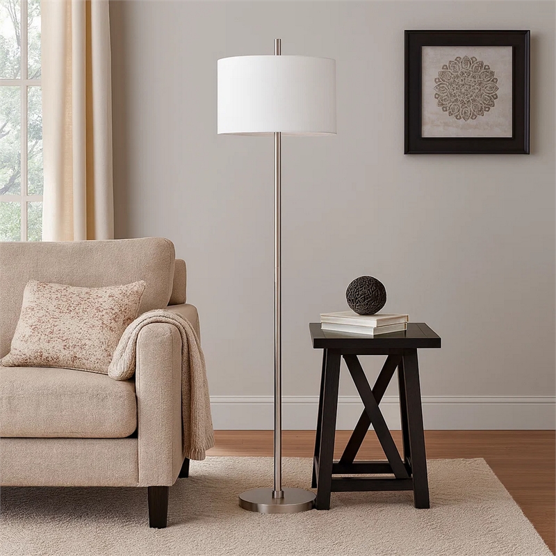 Ano Floor Lamp- Slim Frame- White Drum Shade- Chrome Metal 67 Inch