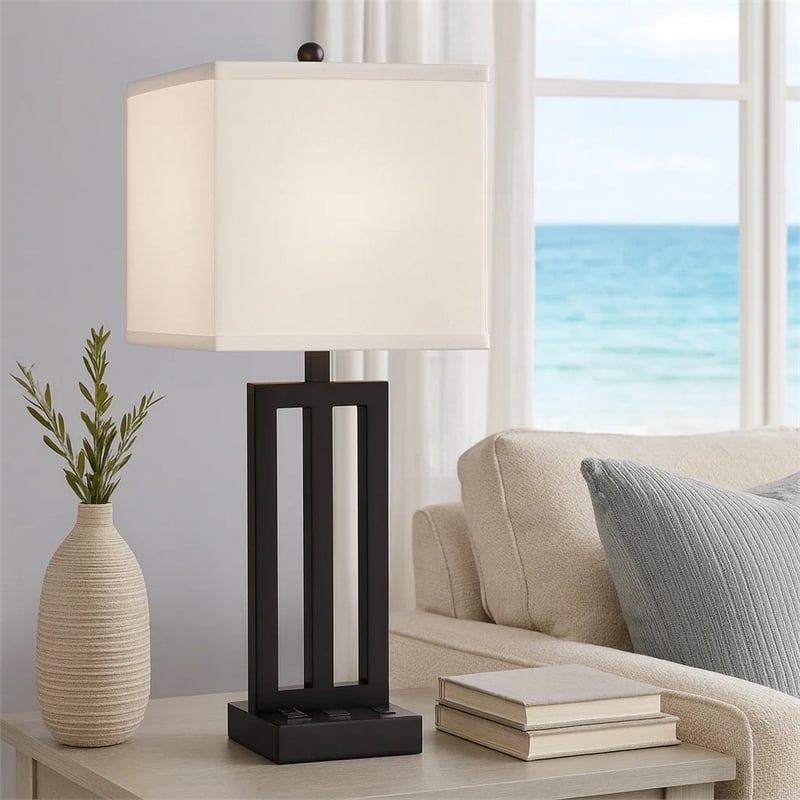 Haney Table Lamp- 1 Outlet- USB Port- Bronze Slim Keyhole Base 30 Inch