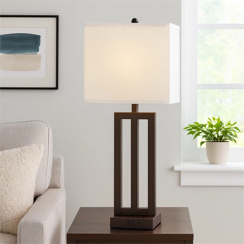 Haney Table Lamp- 1 Outlet- USB Port- Bronze Slim Keyhole Base 30 Inch