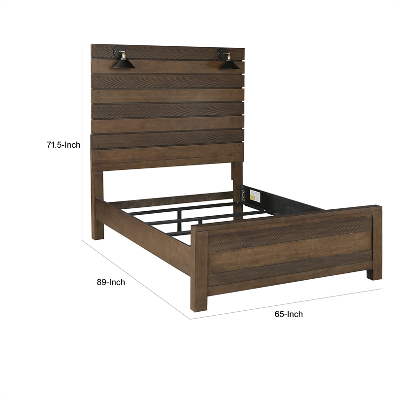 Aco Queen Size Bed- 2 Lampshades- Slatted Headboard- LED Lights- Brown