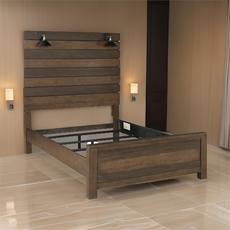 Aco Queen Size Bed- 2 Lampshades- Slatted Headboard- LED Lights- Brown