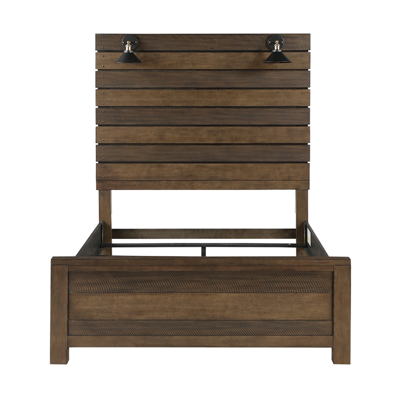 Aco Queen Size Bed- 2 Lampshades- Slatted Headboard- LED Lights- Brown
