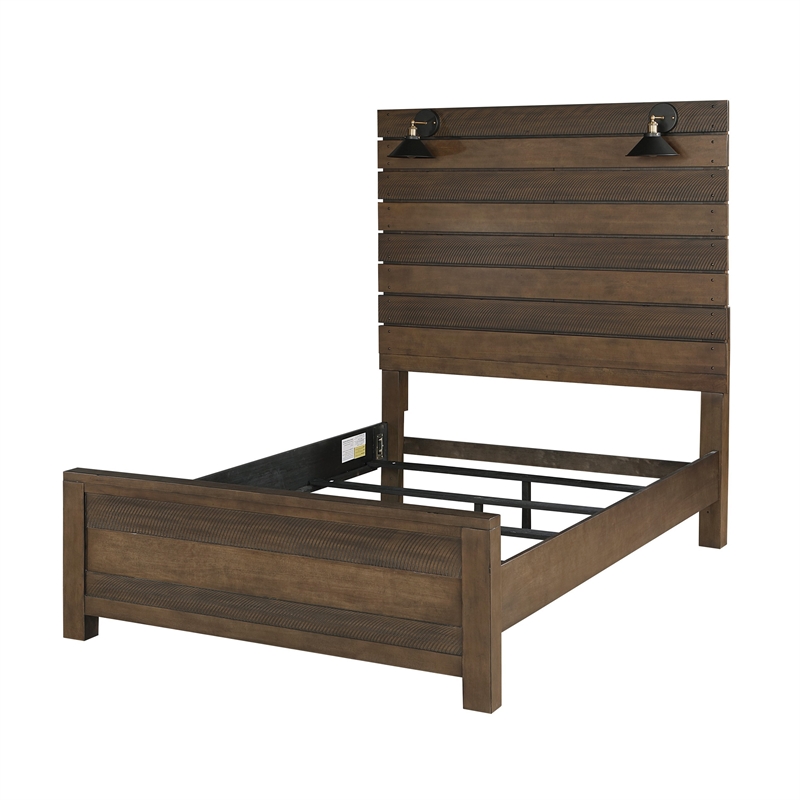Aco Queen Size Bed- 2 Lampshades- Slatted Headboard- LED Lights- Brown