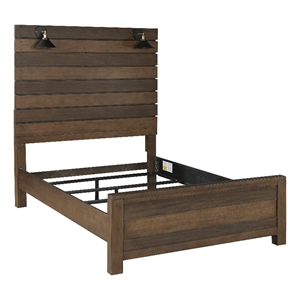 Aco Queen Size Bed- 2 Lampshades- Slatted Headboard- LED Lights- Brown