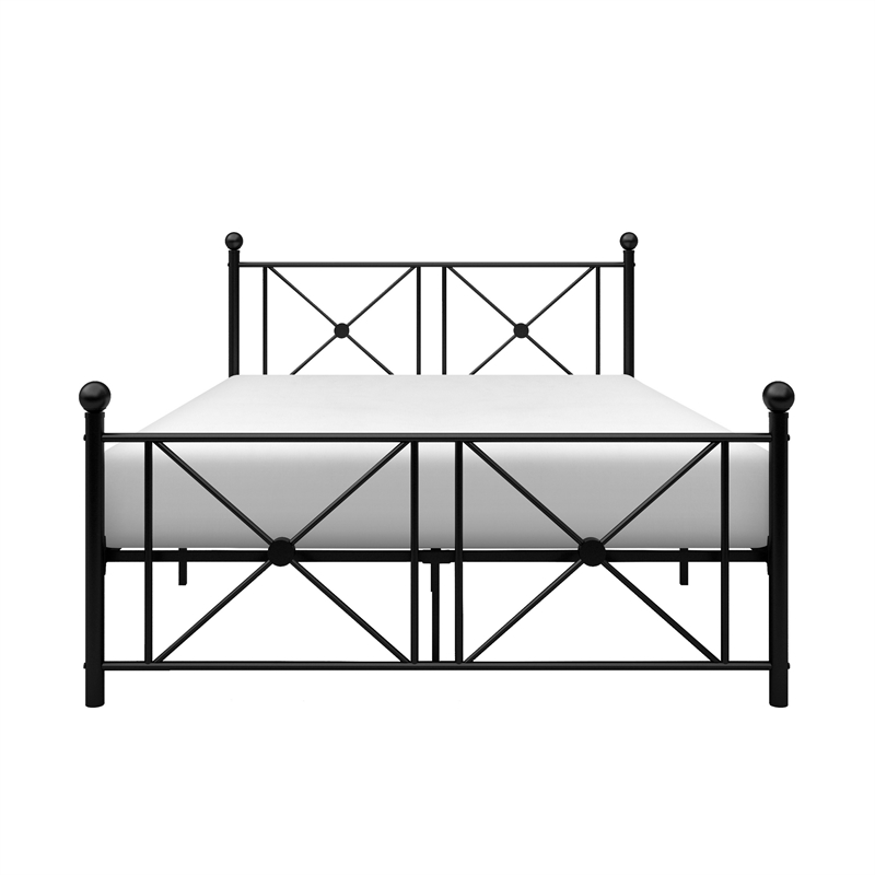 Leu Full Platform Bed- X Panel Accents with Medallion Centers- Black Metal