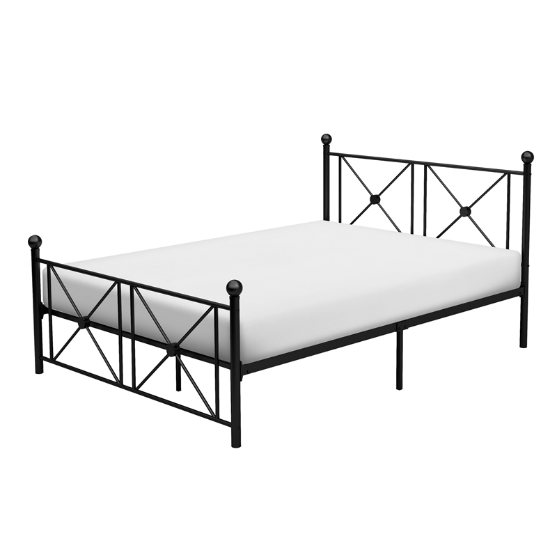 Leu Full Platform Bed- X Panel Accents with Medallion Centers- Black Metal