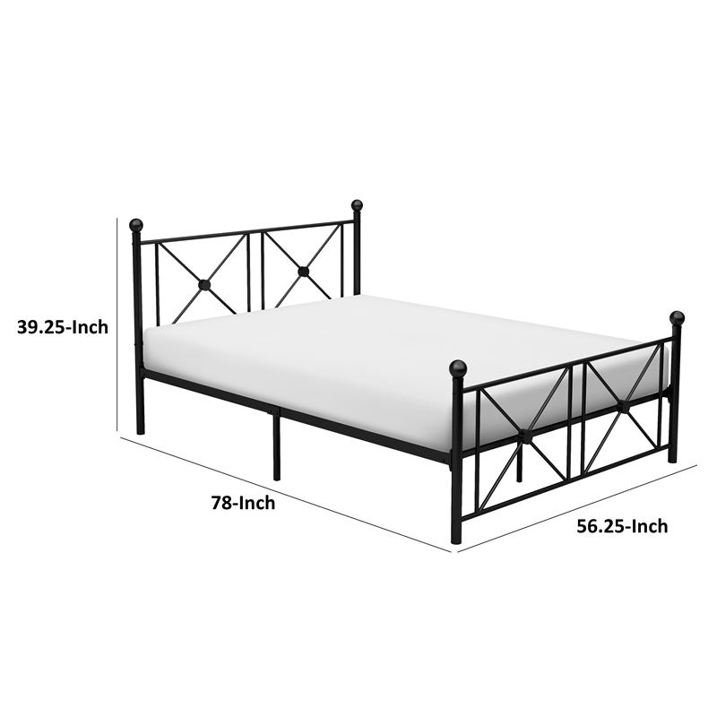 Leu Full Platform Bed- X Panel Accents with Medallion Centers- Black Metal