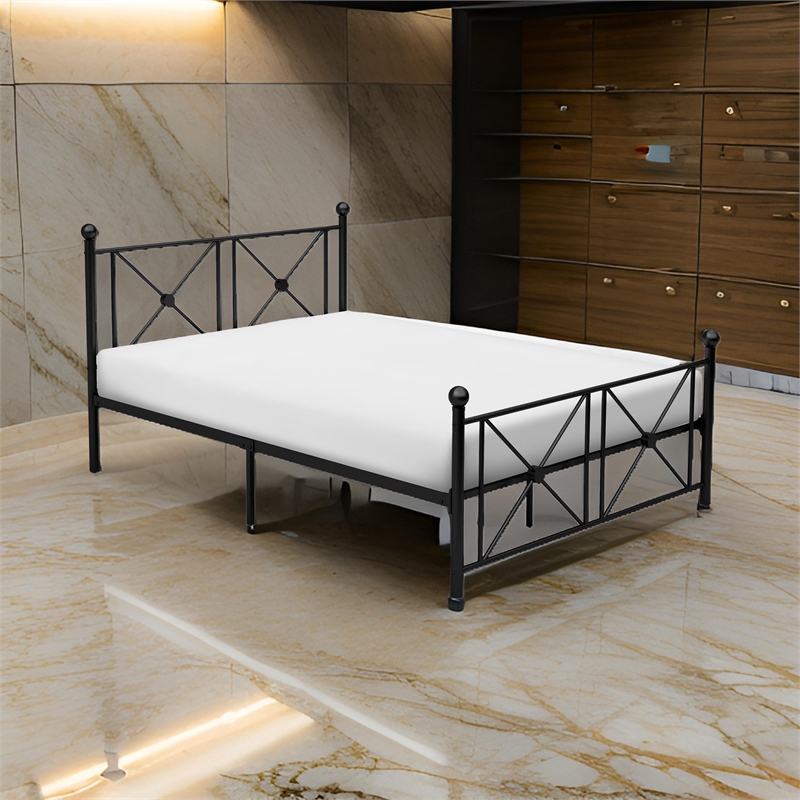 Leu Full Platform Bed- X Panel Accents with Medallion Centers- Black Metal