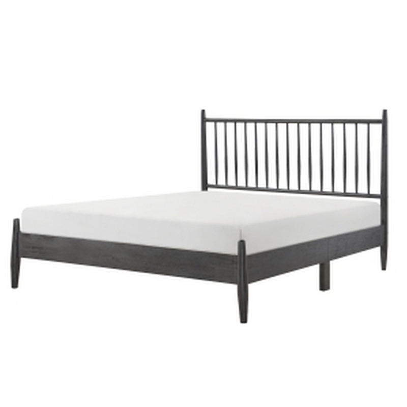 Lika Queen Size Platform Bed- Vertical Slatted Headboard- Gray Finish